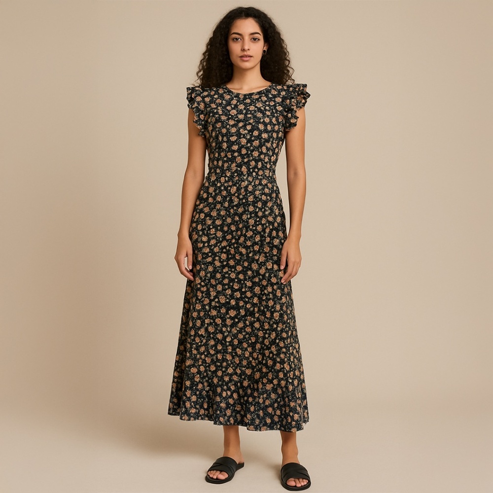 NWOT Les Reveries Floral Ruffle Sleeve Midi Dress size 2